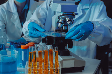 Collaboration, tablet or science with people in lab together for research or development....