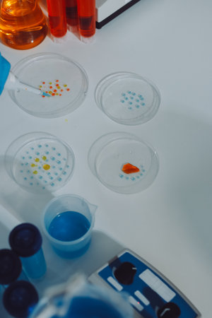 Collaboration, tablet or science with people in lab together for research or development....