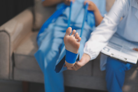 Confident physical therapist helps patient use resistance band stretching out his leg in clinic...
