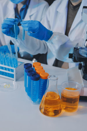 Collaboration, tablet or science with people in lab together for research or development....