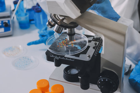 Collaboration, tablet or science with people in lab together for research or development....