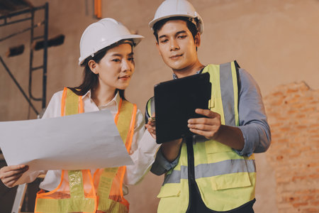 Construction manager and engineer dressed in orange work vests and hard helmets explore construction documentation on the building site near the steel framesの写真素材