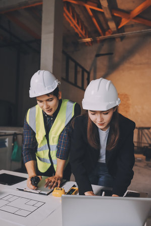 Construction manager and engineer dressed in orange work vests and hard helmets explore construction documentation on the building site near the steel framesの写真素材