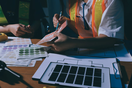 Closeup of team of industrial engineers meeting analyze machinery blueprints consult project on table in manufacturing factory. Working in manufacturing plant or production plant.の写真素材