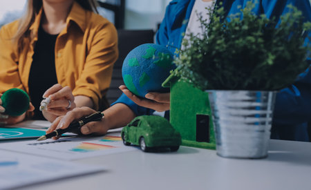 Businessman talks ESG environmental social governance policy for modish business.