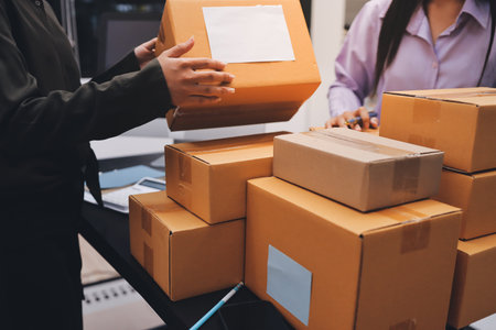Portrait of Starting small businesses SME owners, two Asian woman check online orders Selling...