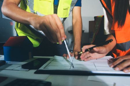 Closeup of team of industrial engineers meeting analyze machinery blueprints consult project on...
