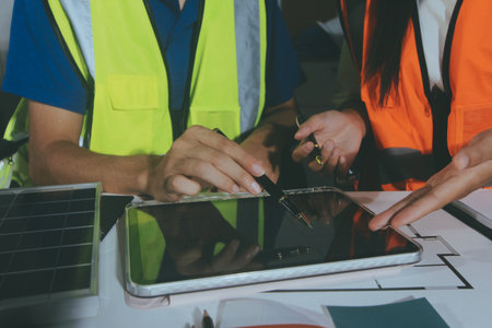 Closeup of team of industrial engineers meeting analyze machinery blueprints consult project on...