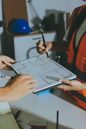 Closeup of team of industrial engineers meeting analyze machinery blueprints consult project on...