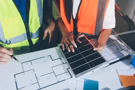 Closeup of team of industrial engineers meeting analyze machinery blueprints consult project on...