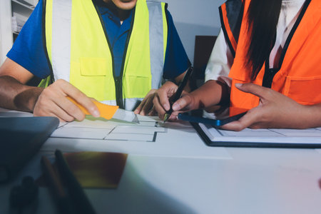Closeup of team of industrial engineers meeting analyze machinery blueprints consult project on...