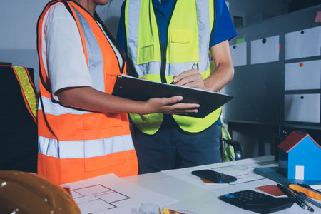 Closeup of team of industrial engineers meeting analyze machinery blueprints consult project on table in manufacturing factory. Working in manufacturing plant or production plant.の写真素材