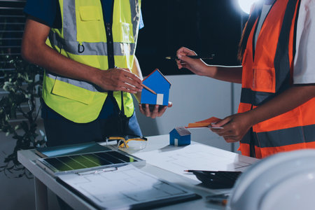 Closeup of team of industrial engineers meeting analyze machinery blueprints consult project on...
