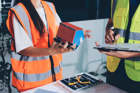 Closeup of team of industrial engineers meeting analyze machinery blueprints consult project on...