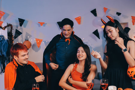 Friends enjoying a Halloween party at a bar making a toastの写真素材