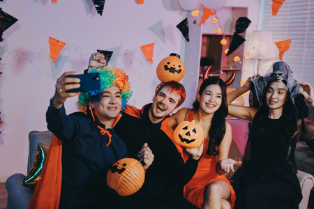Joyful Halloween party with coworkers in costumes, celebrating with drinks and laughter, fostering...