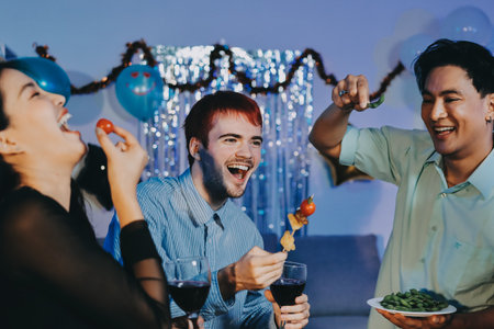 Diversity, dinner and group of people toast celebration together at party. Friends, happy and...