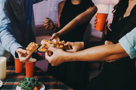 Diversity, dinner and group of people toast celebration together at party. Friends, happy and...