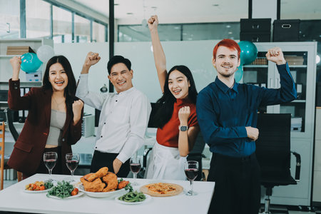Diversity, dinner and group of people toast celebration together at party. Friends, happy and celebrate with food, wine and friendship for love, support and cheers champagne at business functionの写真素材