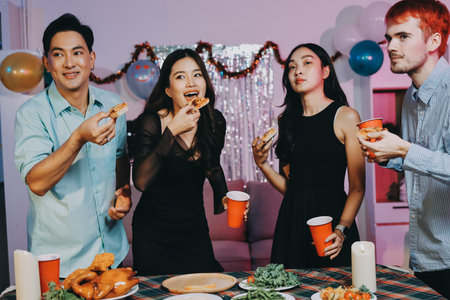 Diversity, dinner and group of people toast celebration together at party. Friends, happy and celebrate with food, wine and friendship for love, support and cheers champagne at business functionの写真素材