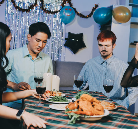 Diversity, dinner and group of people toast celebration together at party. Friends, happy and...