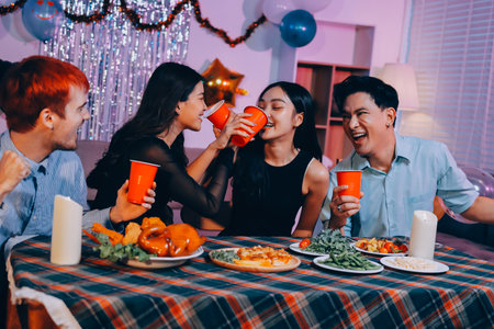 Diversity, dinner and group of people toast celebration together at party. Friends, happy and celebrate with food, wine and friendship for love, support and cheers champagne at business functionの写真素材