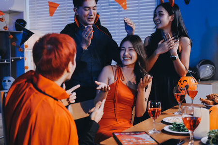 Joyful Halloween party with coworkers in costumes, celebrating with drinks and laughter, fostering teamwork and festive spiritの写真素材
