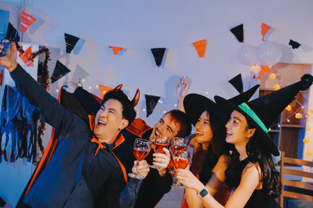 Joyful office Halloween party with coworkers in costumes, celebrating with drinks and laughter, fostering teamwork and festive spiritの写真素材