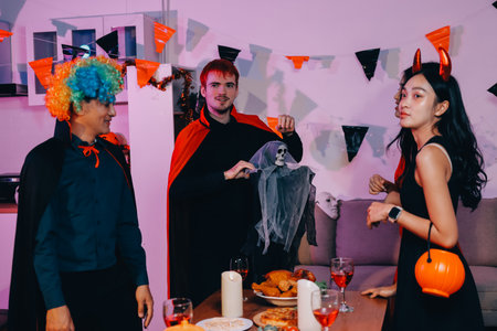 Joyful office Halloween party with coworkers in costumes, celebrating with drinks and laughter,...