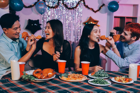 Diversity, dinner and group of people toast celebration together at party. Friends, happy and...