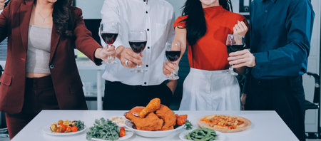 Diversity, dinner and group of people toast celebration together at party. Friends, happy and...