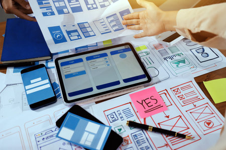 Close up ux developer and ui designer brainstorming about mobile app interface wireframe design on...