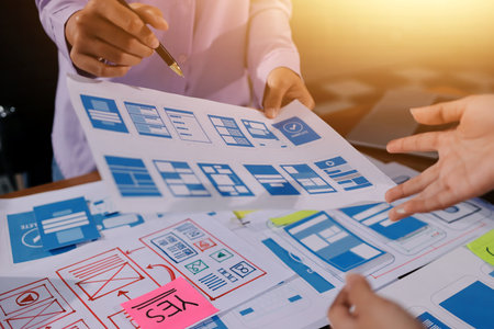 Close up ux developer and ui designer brainstorming about mobile app interface wireframe design on...