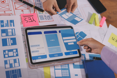 Close up ux developer and ui designer brainstorming about mobile app interface wireframe design on...