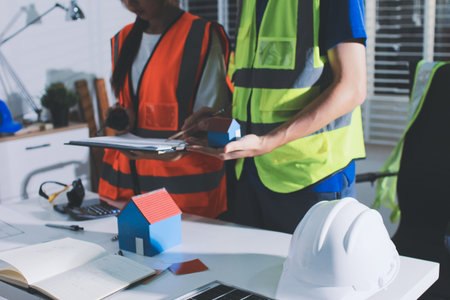 Closeup of team of industrial engineers meeting analyze machinery blueprints consult project on...