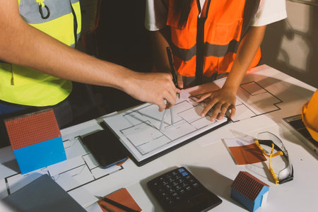 Closeup of team of industrial engineers meeting analyze machinery blueprints consult project on table in manufacturing factory. Working in manufacturing plant or production plant.の写真素材