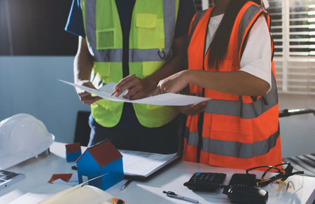Closeup of team of engineers meeting analyze blueprints consult project on table in factory. Working...