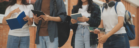 Happy students walking together on university campus, chatting and laughing outdoors after classesの写真素材