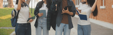 Happy students walking together on university campus, chatting and laughing outdoors after classesの写真素材