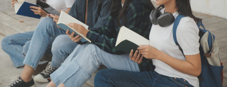 Happy students walking together on university campus, chatting and laughing outdoors after classesの写真素材