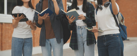 Happy students walking together on university campus, chatting and laughing outdoors after classesの写真素材