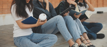 Happy students walking together on university campus, chatting and laughing outdoors after classes