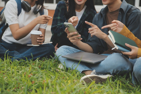 Happy students walking together on university campus, chatting and laughing outdoors after classesの写真素材