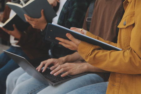 Happy students walking together on university campus, chatting and laughing outdoors after classesの写真素材