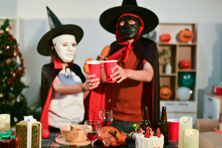 People having fun at Halloween partyの写真素材