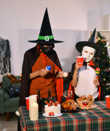 People having fun at Halloween partyの写真素材