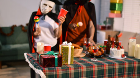 People having fun at Halloween partyの写真素材