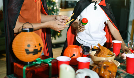 People having fun at Halloween partyの写真素材