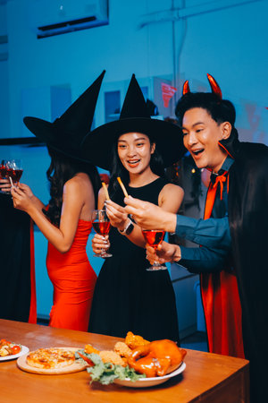 Joyful Halloween party with coworkers in costumes, celebrating with drinks and laughter, fostering teamwork and festive spiritの写真素材