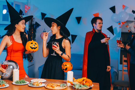 Joyful office Halloween party with coworkers in costumes, celebrating with drinks and laughter, fostering teamwork and festive spiritの写真素材